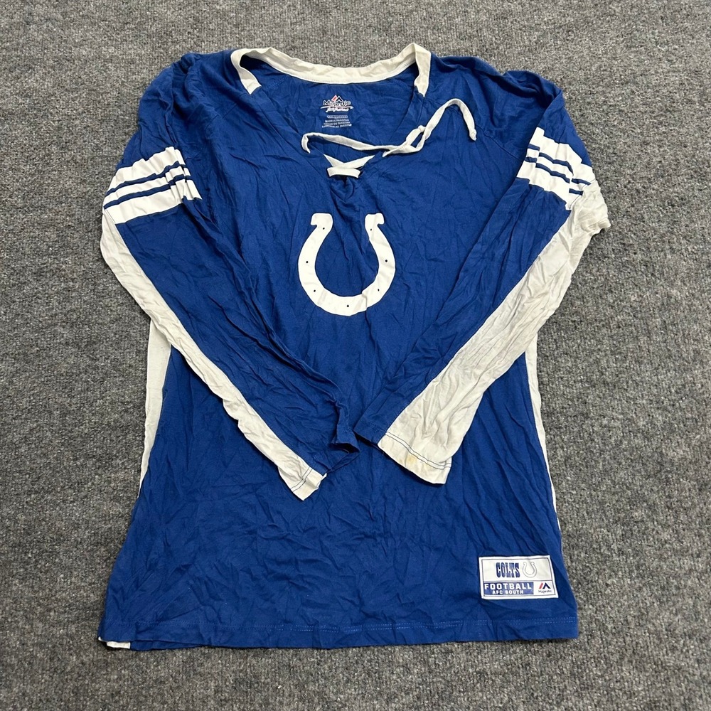 Majestic Shirt Womens XXL Blue Cotton Indianapolis Colts Lace Up Long Sleeve